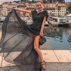 Ruffle polka dot jumpsuits women vintage long rompers short sleeve beach black sheer mesh playsuits 210427