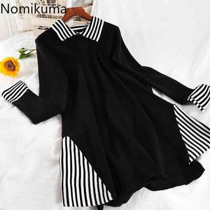 Nomikuma stickade klänningar koreanska stripe patchwork kvinnor tröja klänning långärmad nedbrytning krage mini a-line vestidos 6e024 210427