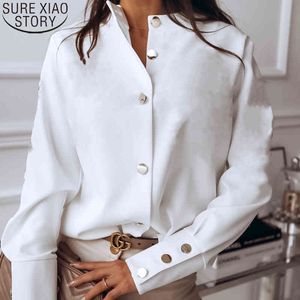 Women Shirts Tops Autumn Women's Fashion Long Sleeve Blouses Stand Collar Solid White Black Loose Cardigan Blusas 10619 210417