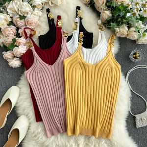 Vintage Seksi Kadınlar Zincir Düğmesi Çukur Örme Tankları Tops Yaz Katı Kadın Moda Kaşkorse Backless Parti V Yaka Tops 210420