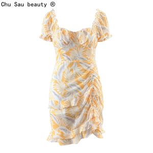 Summer French Vintage Female Skirt Square Collar Ruffle Feather Print Draw String Short Sleeve Dress Fashion Chic 210508