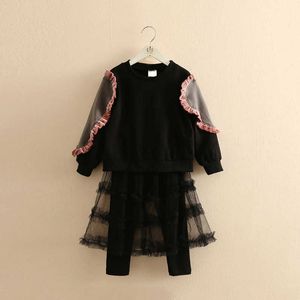 Halloween Outfits Girl Spring 3 4 ÅR 110 120cm Barnbarn Flickor Lace Patchwork Sweatshirt + Kjol Leggings 2 st Höst set 210529