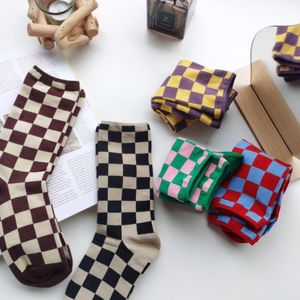 Checkerboard stockings women's cotton medium tube Stockings Black and white checked stockings Japanese fashion socks