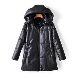 冬の女性の厚い暖かい革パーカーファッション女性サイドジッパーポケットフード付きPUレザージャケットコートシックなアウター210520