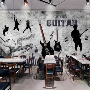 Carta da parati murale 3D personalizzata Carta da parati a tema musicale dipinta a mano retrò Chitarra Graffiti Muro di cemento Affresco Ristorante KTV Bar Murales