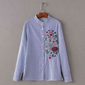 Moda Mulheres Embroidery Stripe Shirt Escritório Senhora Senhora Longa Blusa Casual Loose Tops S1136 210430