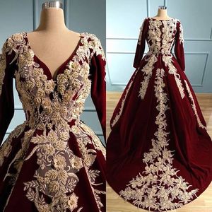 Formalne Veet Vintage Burowe Suknie wieczorowe ze złotymi koronkowymi aplikacjami Długie rękawy Plus Size Pageant Suknie Vestidos de Novia for African