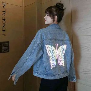 Motyl Denim Płaszcz Damska Wiosna Lapel Kobieta Single Breasted Długi Rękaw Krótka kurtka 5B856 210427