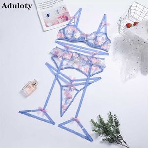 Aduloty Women Hollow Out Seductive Underwear Blue Embroidery Flowers Bra Thong Garters 3 PS Summer Sexy Erotic Lingerie Set 211104