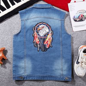 Stor storlek 7XL 8XL Patch Designs Mäns Denim Vest Light Blue Fashion Loose Waistcoat Ytterkläder Casual Ärmlös Jacka Fet Jeans Tops