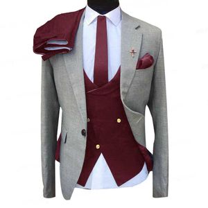 Szanlizi 2021 Light Grey Business Party Formal Men Garnitury Burgundia Kamizelka Pant 3 Sztuka Custom Made Groom Smokingi Smokingi dla mężczyzn X0909