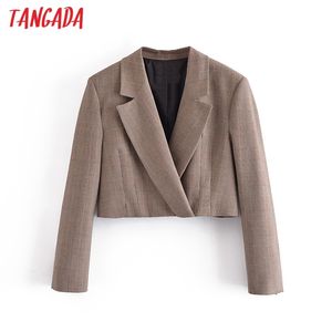 Women Plaid Crop Blazer Coat Vintage Notched Collar Pocket Fashion Female Casual Chic Tops 3H209 210416