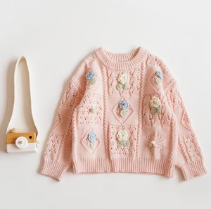 Ins-baby flicka kläder stickad pullover långärmad stereo blomma design rosa tröja 100% bomull topp vinter varma kläder
