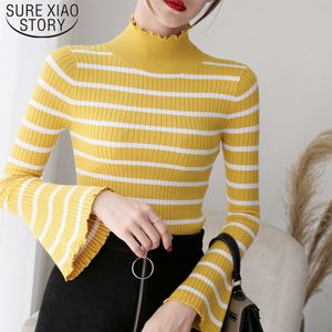Jesień Zima Dzianiny Kobiety Sweter Paski Bell Sleeve Koreański Long Semi-High Collar Slim Sweet 6837 50 210510