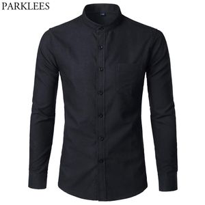 Mens Ox Slim Fit Dress Shirt Brand Mandarin Collar Long Sleeve Chemise Homme Casual Buisness Office With Pocket Black 210730