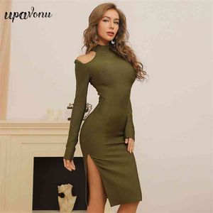 حر نسائي الأخضر ضمادة اللباس الوقوف الياقة طويلة الأكمام مثير جوفاء bodycon سبليت النادي حزب vestidos 210524