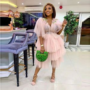 Blush Pink Tulle Cocktail Party Klänningar Tiered Lager Tulle Half Sleeves Prom Dress African Women Gowns Plus Vestido de Festa