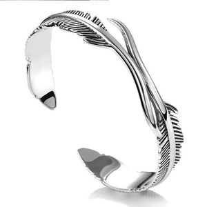 Tibetan Silver Feather Stainless Steel Bracelet Open Cuff Bangles Bracelets for Women Men Punk Jewelry Couple Pulseira Masculina Q0719