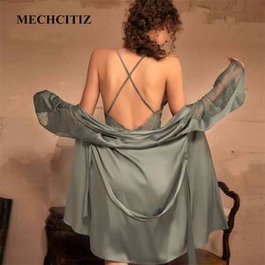 Mechcitiz sexig kvinnlig sömnkläder silke kappa klänning set sommar kimono badrock spets badrock bröllop underkläder natt klänning hemdräkt 210901