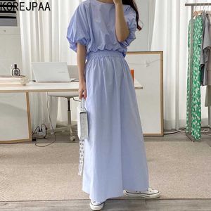 Korejpaa Women Sets Summer Korean Chic Ladies Gentle Round Neck Loose Puff Sleeve Shirt High Waist Ruffled Swing Skirt 210526
