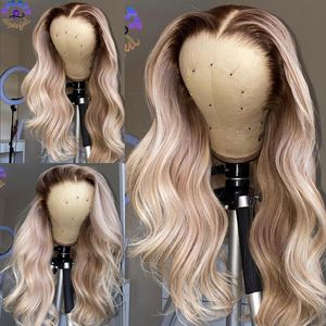Ash Blonde Lace Front Wig With Brown Roots Heat Resistant Synthetic Ombre Body Wave Wigs For Black Women