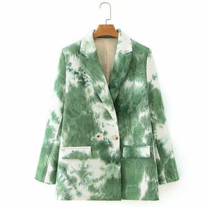 Весенний галстук-краситель напечатанный Свободный повседневный костюм Сладкий женский куртка Мода Trend Follow Wearwear Leafes Зеленое пальто 210510