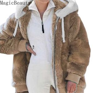 Kadınlar Kalın Sıcak Kış Ceket Katı Uzun Kollu Kabarık Kıllı Sahte Kürk Ceketler Giyim Kadın Artı Boyutu Fermuar Palto 211110