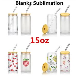 NEW!!!15oz Sublimation Glass Beer Mugs with Bamboo Lid Straw DIY Frosted Clear Drinking Utensil Coffee Wine Milk Beer Cola Juice Cold Drinkware Handmade