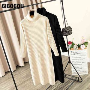 Gigogou 겨울 터틀넥 긴 니트 여성 Maxi 스웨터 드레스 가을 두꺼운 따뜻한 긴 소매 스트레이트 드레스 솔리드 OL 미디 드레스 G1214