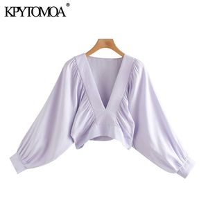 Women Fashion Pleated Linen Cropped Blouses Lantern Sleeve Side Zipper Female Shirts Chic Tops 210420