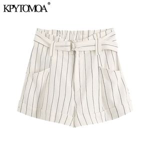 Mulheres Chic Moda listrada com cinto shorts zipper bolsos de mosca feminino calças curtas pantalones cortos 210420