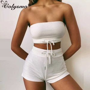 Colysmo Sexy Crop Top Mini Shorts 2 шт. Набор Женская Activewear Loungewear Green Tube Tops Два Домашние Повседневная Одежда 210527