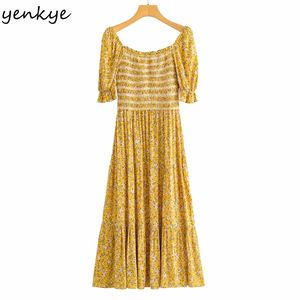 Férias verão vestido mulheres sexy quadrado pescoço de manga curta vestido mujer amarelo vintage floral impressão a linha midi 210514