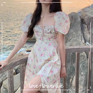 Sommarpuffhylsa Vingate Midi Dress Women Square Collar Evening Party Floral Dress Beach Dress Korean Y2K Fairy 210521