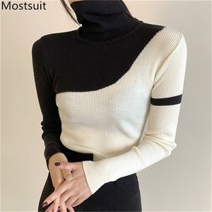 Turtleneck Blocked Turtleneck Tricotado Camisola Mulheres Manga Completa Slim Elegante Coreano Moda Jumpers Tops Femme 210513