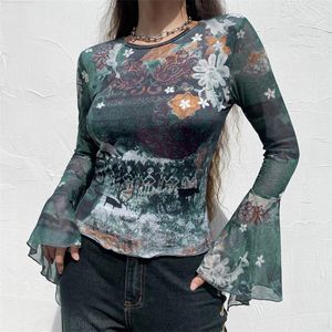 Women's Blouses & Shirts Hirigin Y2K Fairy Grunge Graphic Fall Patchwork Mesh Long Flare Sleeeve Crop Top 90s Vintage Women Female Clothes