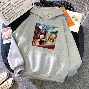 Funny Mona Lisa Painting Print Hoodie Casual Harajuku Oversize Hooded Clothes Mens Fashion Cartoons Hip Hop Anime Sweatshirts H1227