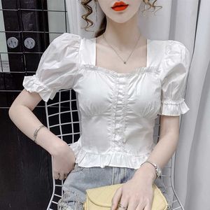 Koreanska kvinnors tröja Chiffon blouses för kvinnor puff ärm kvinnlig topp vit fyrkantig nacke blus kvinna ol 210604