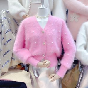New design women's luxury thickening warm mohair wool knitted single breasted v-neck beading soft sweater cardigan coat SMLXL