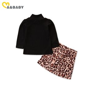 1-6y criança criança meninas roupas conjunto preto gola alta manga longa tops + saias de leopardo outfits outono crianças trajes 210515