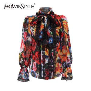 Kadın Gömlek Bluz Ilmek Flare Uzun Kollu Patchwork Dantel Baskı Kadın Zarif Moda Giyim Tops 210524