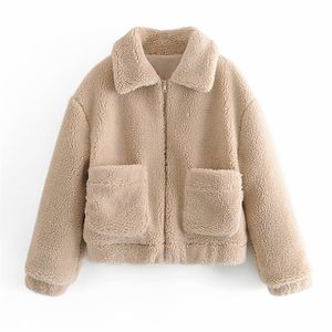 Kvinnor Höst Vinter Varm Fleece Jackor Coats Långärmad Fickor Cashmere Solid Kvinna Casual Outerwear Kläder 210513