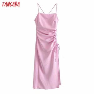 Tangada kvinnor rosa pläterad satinklänning ärmlös backless mode lady midi klänningar robe 3h551 210609