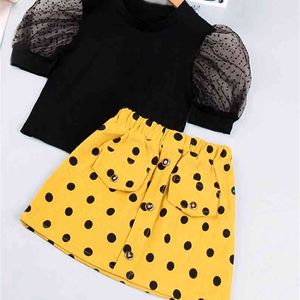 Terno de verão preto top + saia de bolinhas 2 pcs Girl Girl Conjuntos de roupas para crianças para meninas 210528