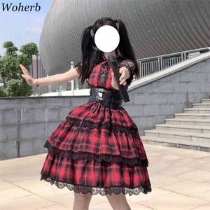 Japanses Lolita Style Sukienki Damskie Bandaż Koronki Patchwork Vestidos Wysoka talia Slim Robe Sweet Cute Sling Plaid Dress 210519