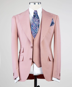 Två knappar rosa rosa män bröllop kostym brudgum tuxedos topp lapel groomsmen 3 stycken formell slitage set smal passform mens prom party blazer (jacka + byxor + väst) anpassad