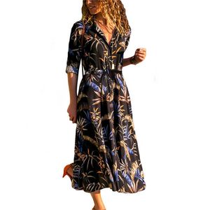 Single Breasted Turn Down Collar Vintage Floral Print Long Sleeve Dress Women Casual Bandage Mid Calf Length Streetwear Dresses 210608