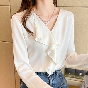 Longa manga preta blusa branco mulheres tops blusa mulheres blusas mujer de moda babados v-pescoço chiffon blusa camisa blusa e560 210602