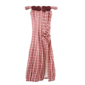 Kvinnor rem av axelrosa plaid röd knä längd penna klänning sommar elegant d1068 210514