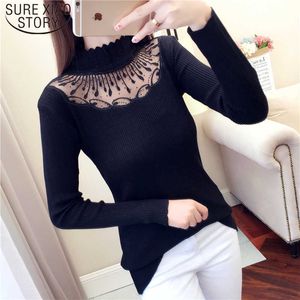 Z Długim rękawem Hollow Out Damska Winter White Sweter Elastyczność Podstawowa Sweter Koronki Turtleneck Swetry Sexy Swetry 7169 50 210527